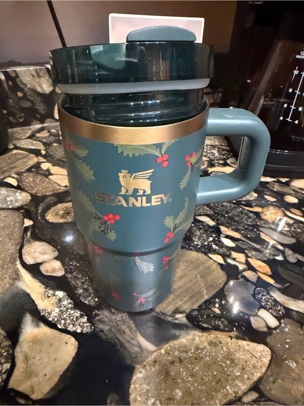 Stanley Teal Holiday Travel Mug with Handle and Gold Logo